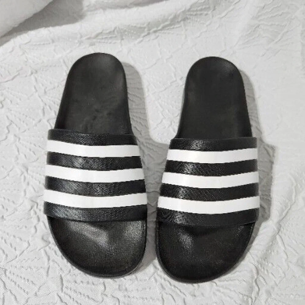 Adidas Adilette Slide Sandals Men 13 Black White Striped Athletic Casual‎ Shoes